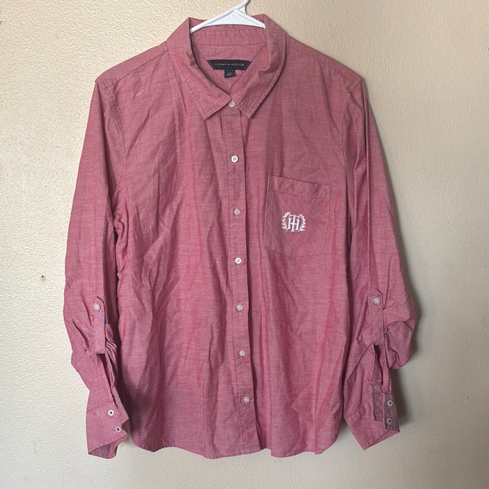 Tommy Hilfiger Women's Red Long Sleeve Button-Down Shirt Size Large